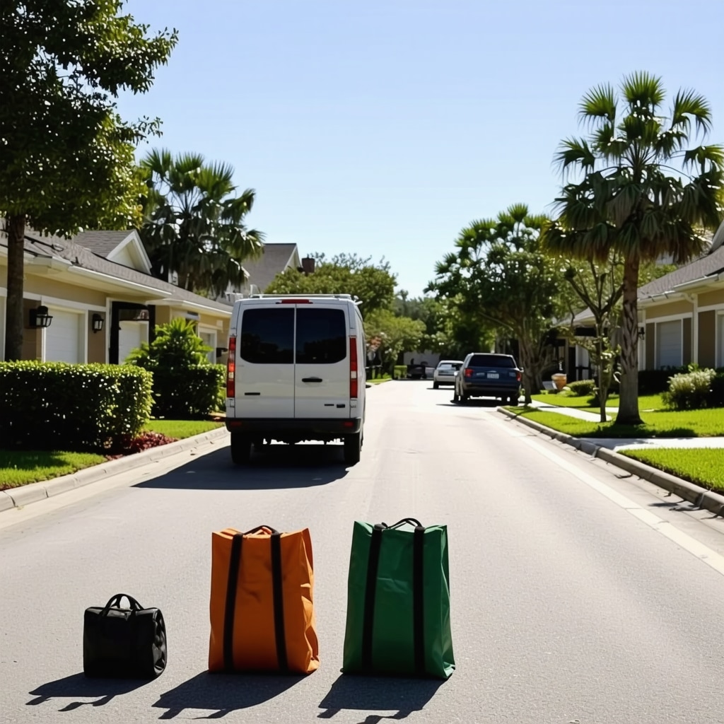 Westchase neighborhood scene with green laundry delivery vans and reusable garment bags illustrating sustainable laundry practices