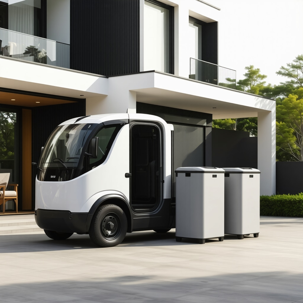 Laundry pickup service vehicle outside a smart home featuring IoT laundry bins and green technology