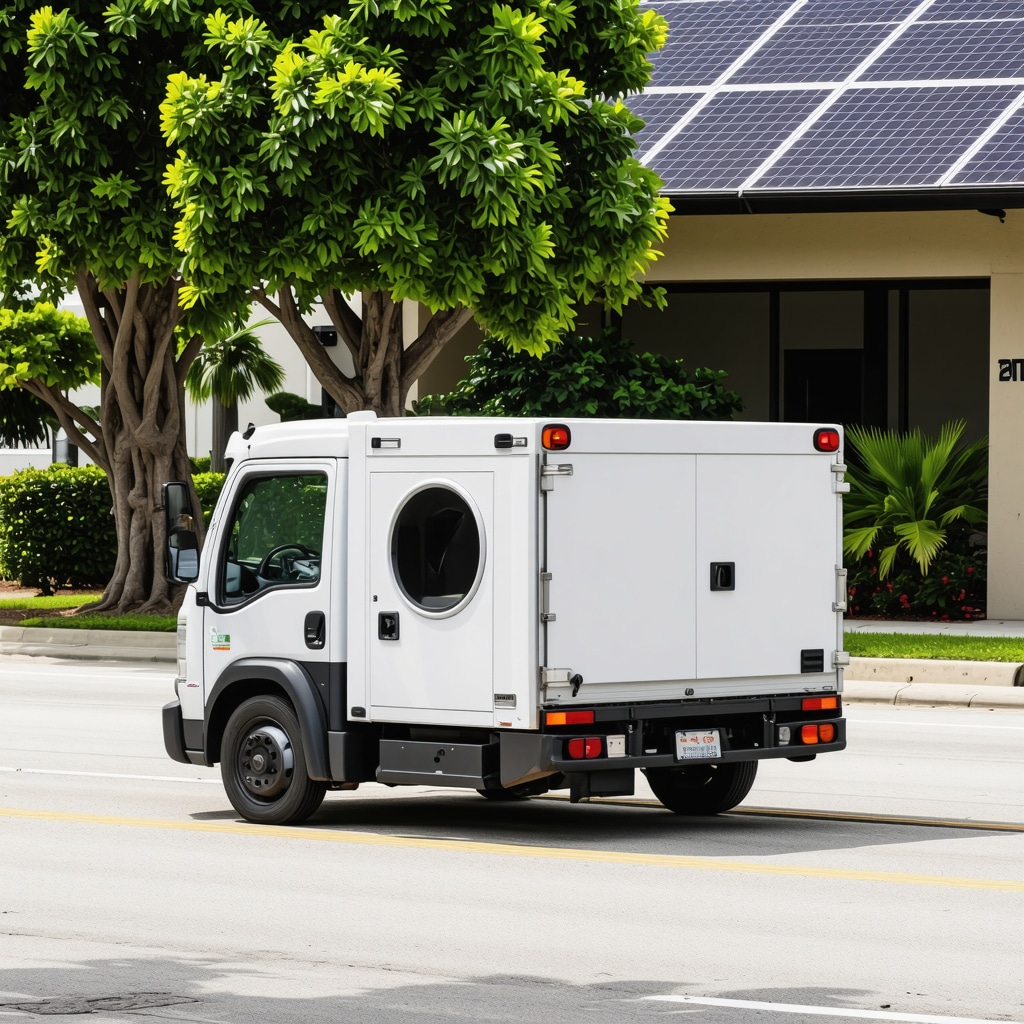 Eco-friendly laundry pickup vehicle in Tampa showcasing sustainable logistics with greenery and solar panels