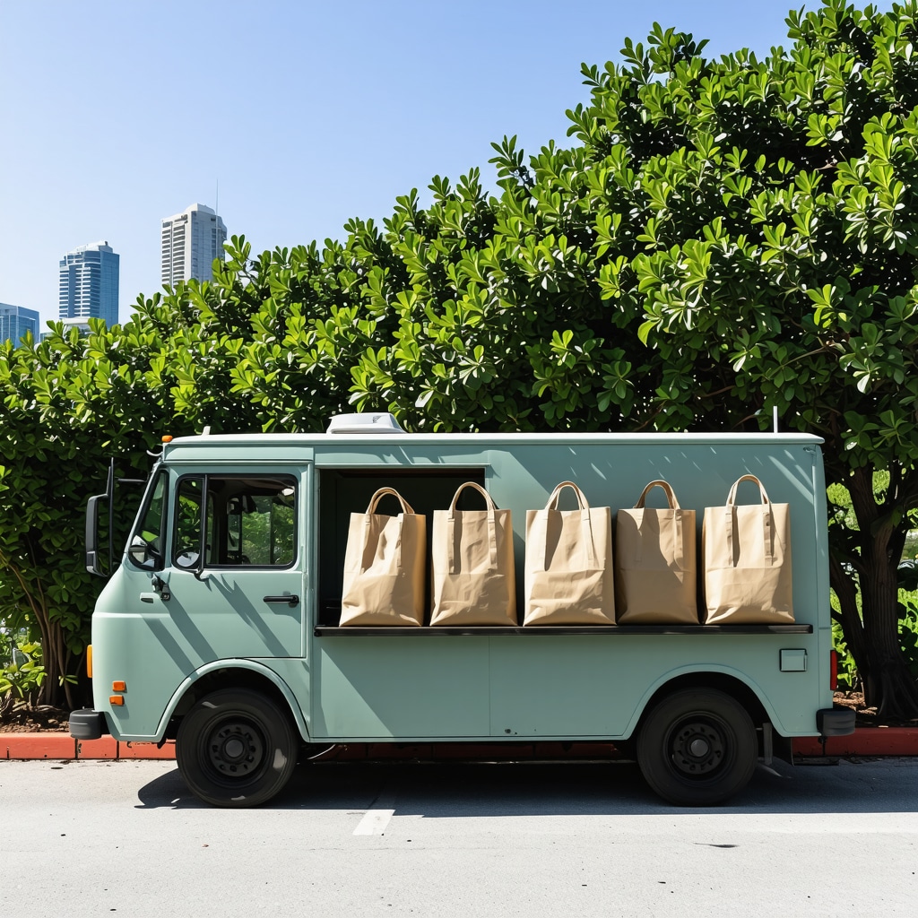 Eco-friendly laundry service van using reusable bags with Tampa cityscape background