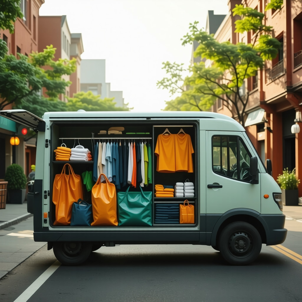 Laundry service van with eco-friendly bags and GPS technology delivering clothes