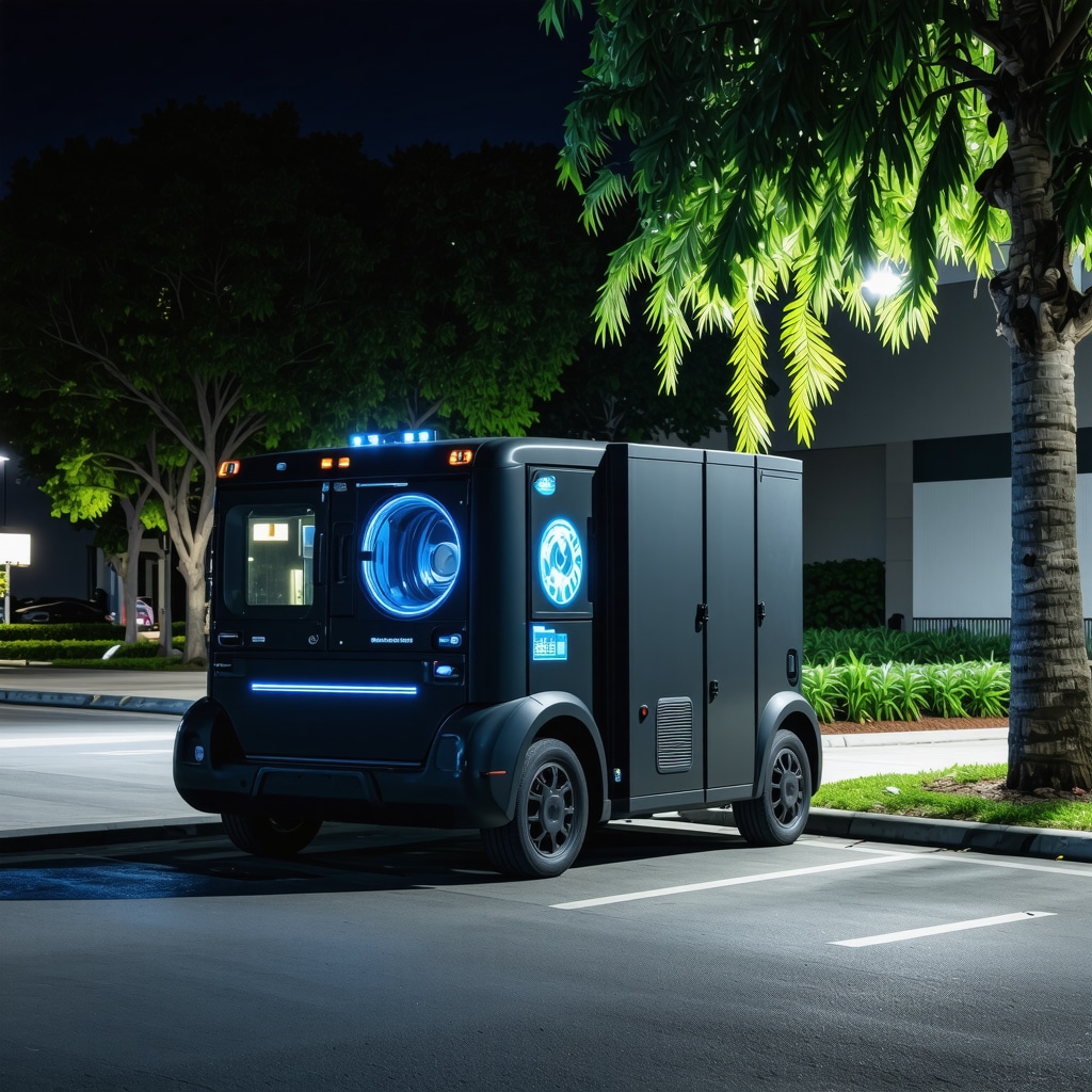 Electric laundry pickup van with smart IoT devices and eco-friendly packaging during night in Tampa