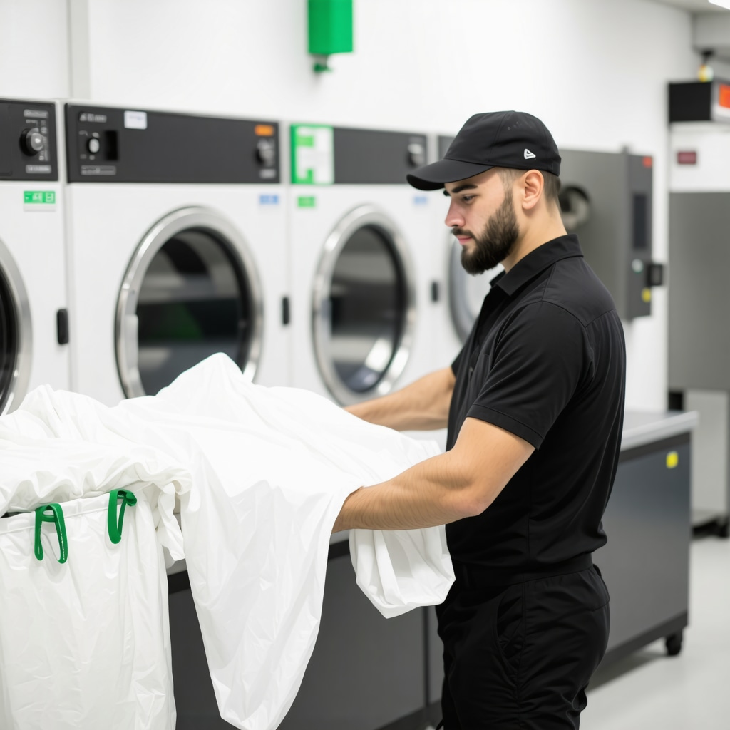 Laundry technician folding clothes with eco-friendly detergents and reusable bags in a modern Tampa facility