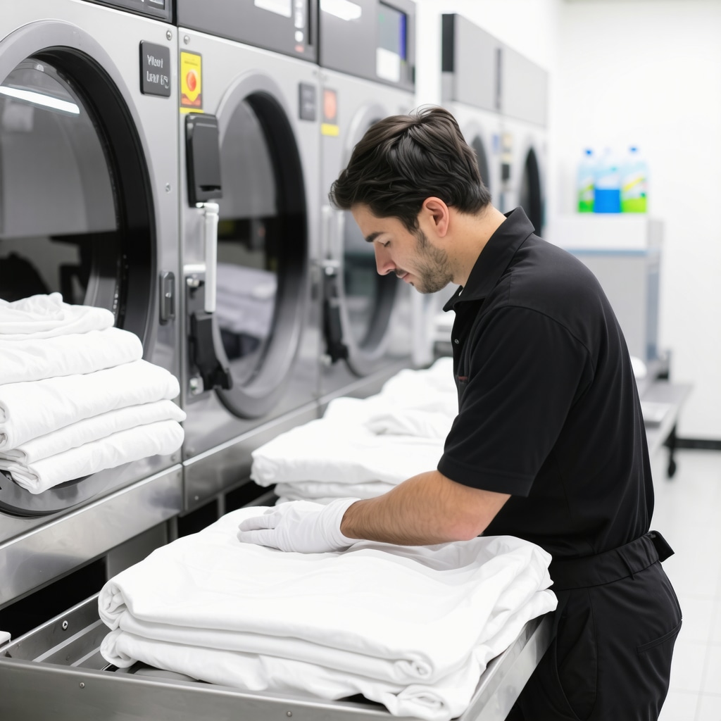 Laundry technician folding clothes precisely with modern equipment and eco-friendly supplies