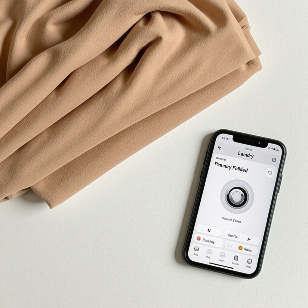 Stack of neatly folded travel clothes beside a smartphone showing laundry delivery app