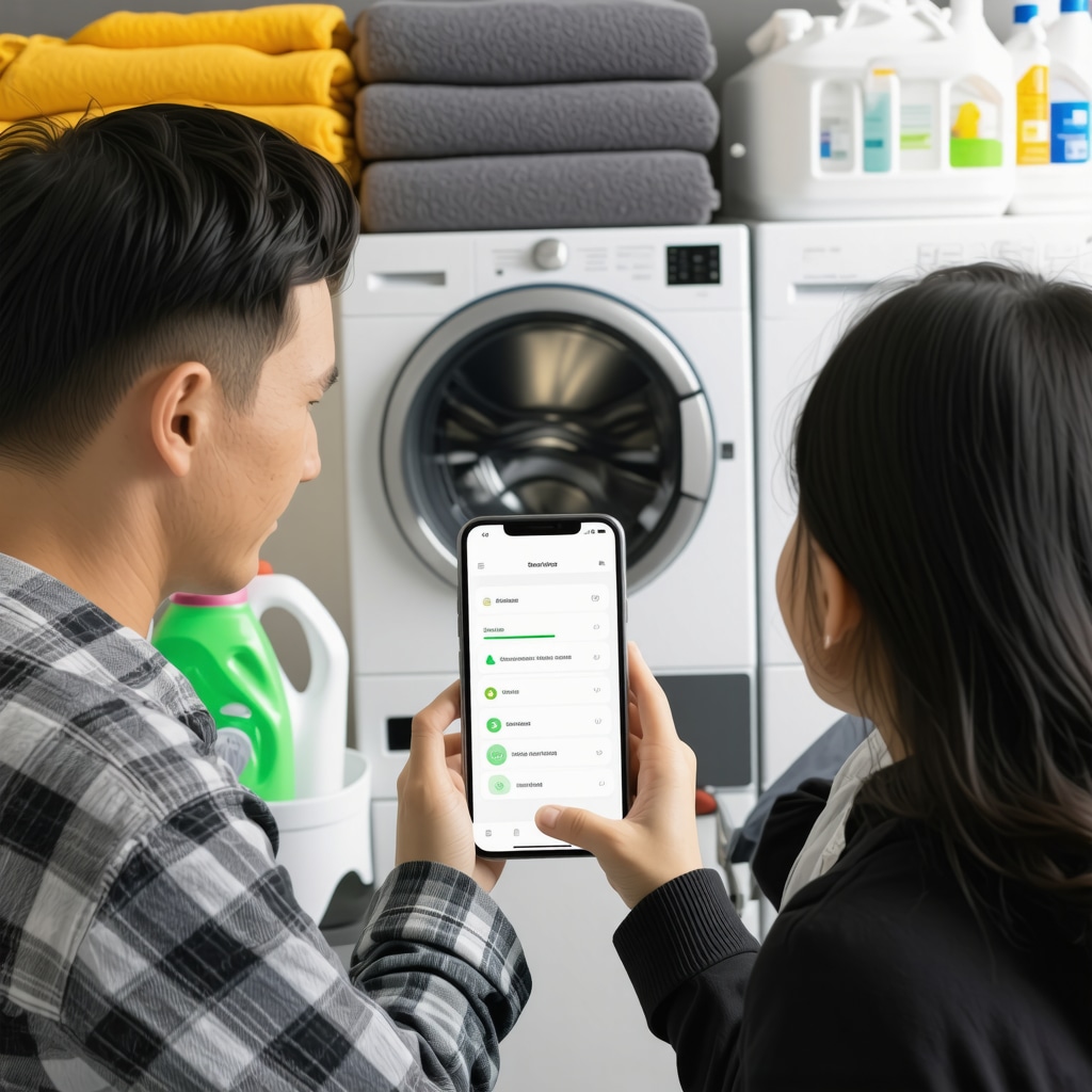 Family using mobile app for laundry pickup scheduling with folded laundry and eco-friendly detergents