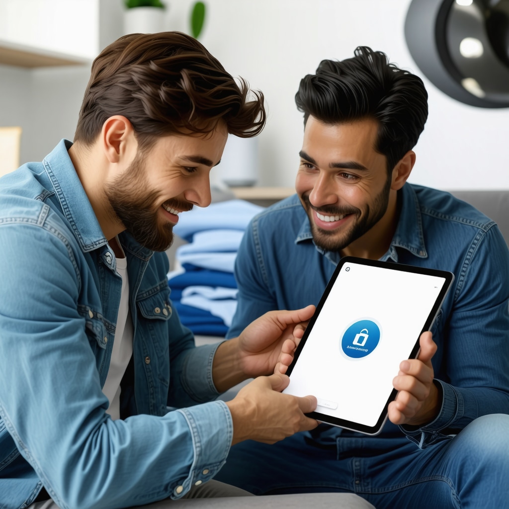 Family using a tablet app to manage laundry pickup with clean clothes nearby