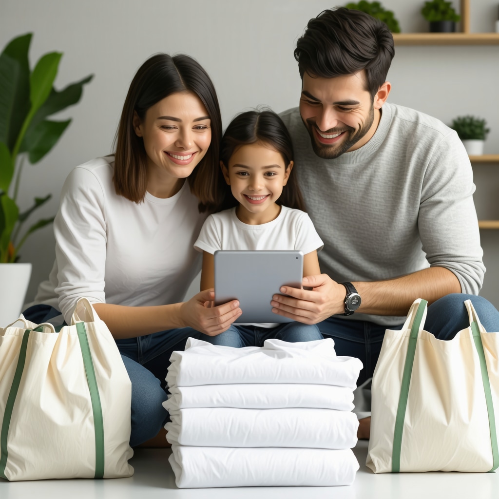 Family interacting with laundry pickup app and eco-friendly laundry bags