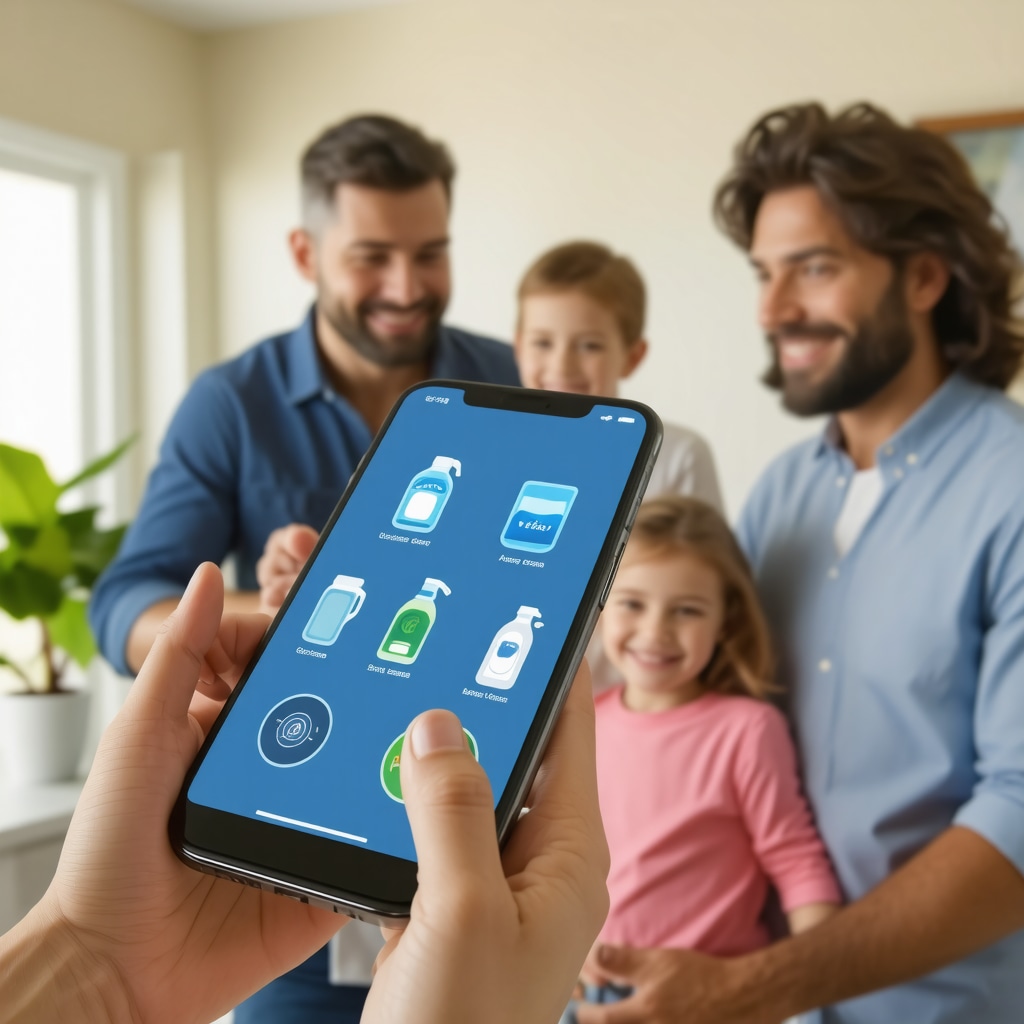 Family using smartphone app to schedule eco-friendly same-day laundry pickup service in Tampa Bay home