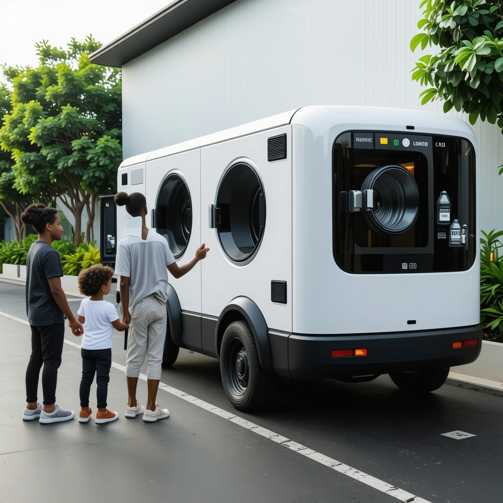 Diagram showing AI-driven laundry pickup vehicle with smart home and eco-friendly icons around a family