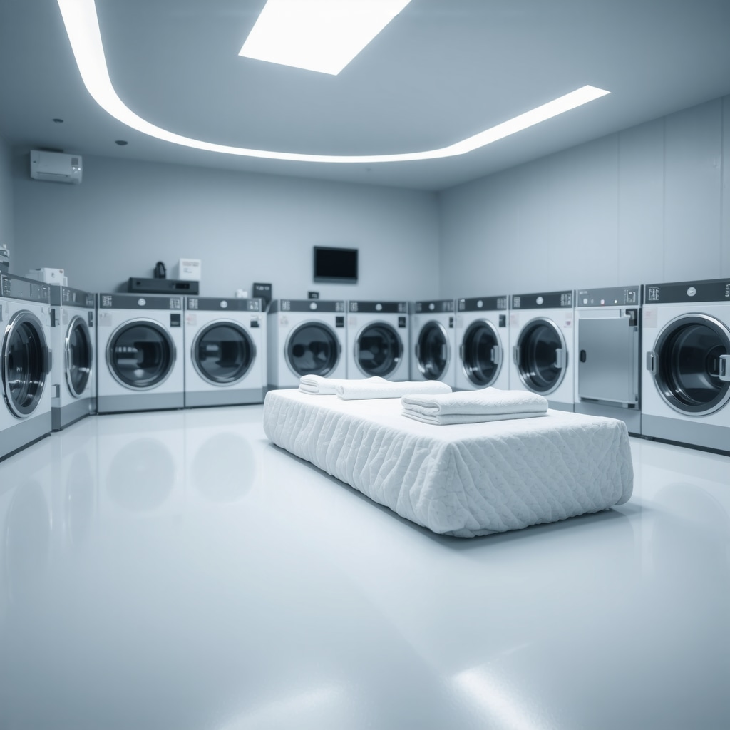 Smart laundry facility with AI sensors and digital scheduling for vacation rental linens