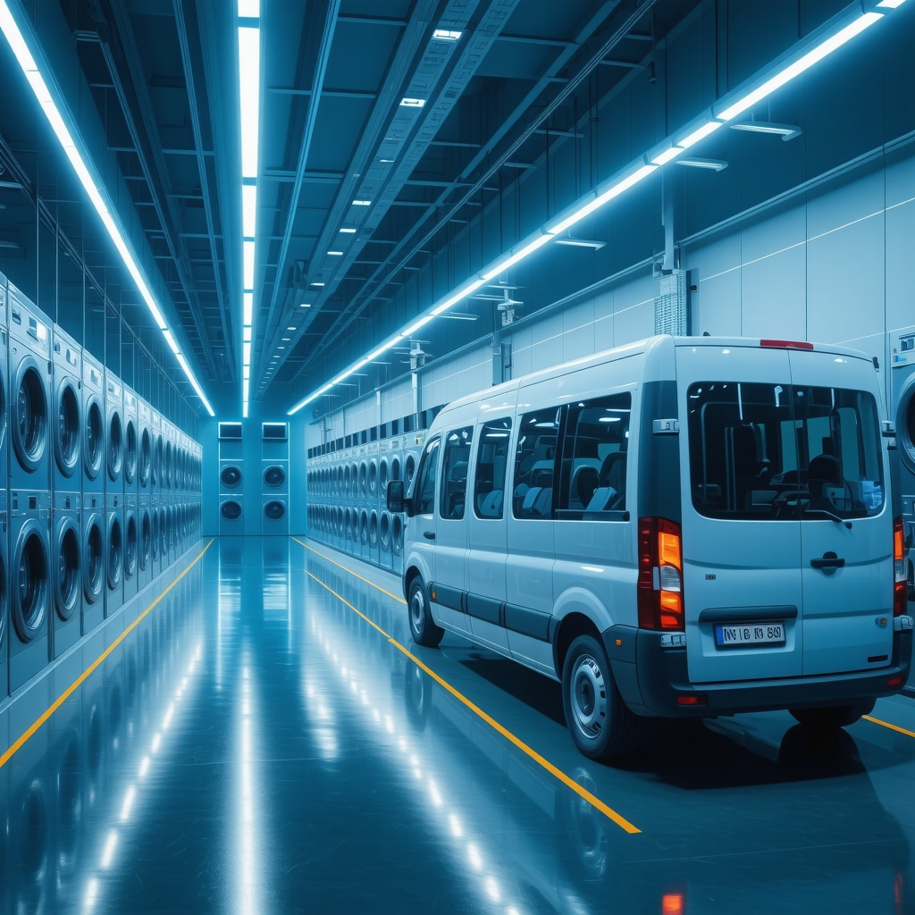 Advanced laundry facility with AI sorting machines and eco-friendly delivery van