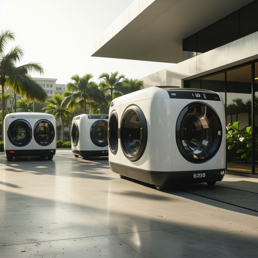 Illustration of AI-powered smart fabric sensors and eco-friendly delivery vehicles in Tampa Bay urban environment