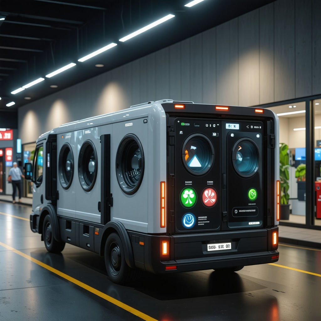 AI-powered laundry pickup vehicle with mobile app interface and eco-friendly icons