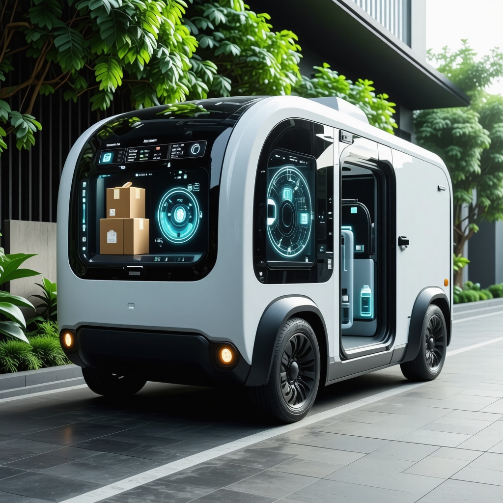 An advanced delivery vehicle showcasing AI route optimization, eco-friendly packaging, and smart home connectivity for folded laundry services