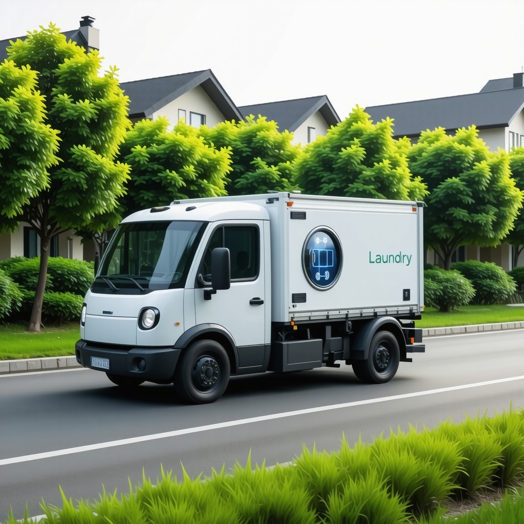 Laundry pickup van with AI and blockchain icons in eco-friendly urban setting