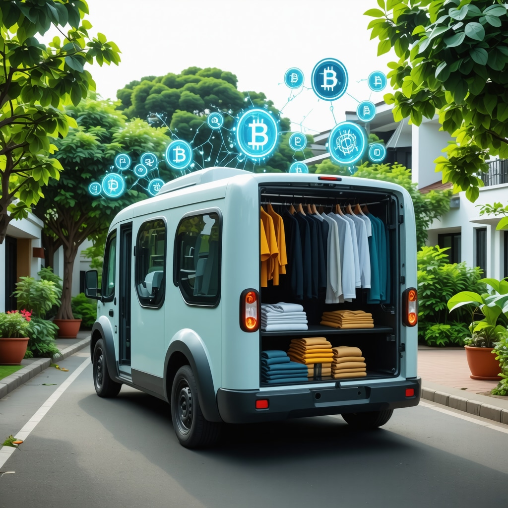 AI-powered laundry pickup vehicle with blockchain and eco-friendly elements in an urban setting