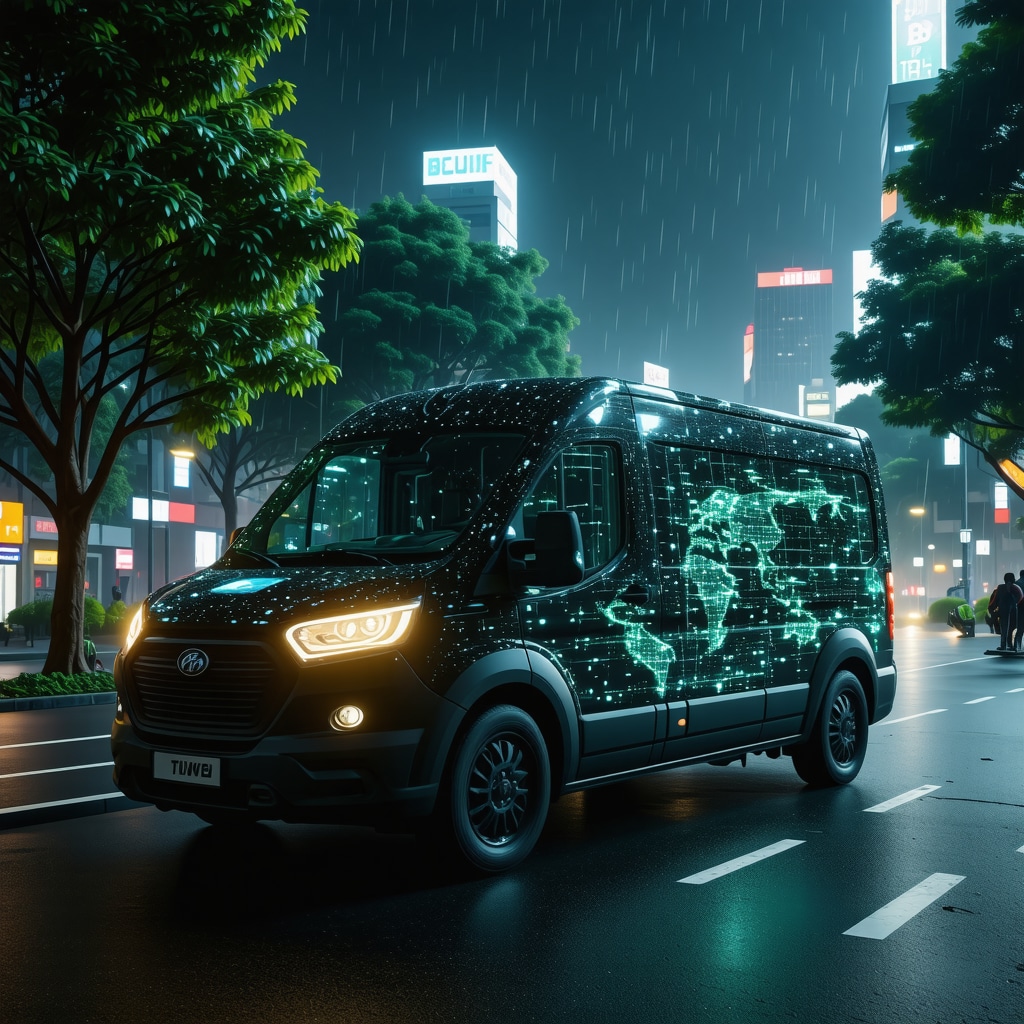 Nighttime city street showing an AI and blockchain-enabled laundry pickup vehicle with eco-friendly branding