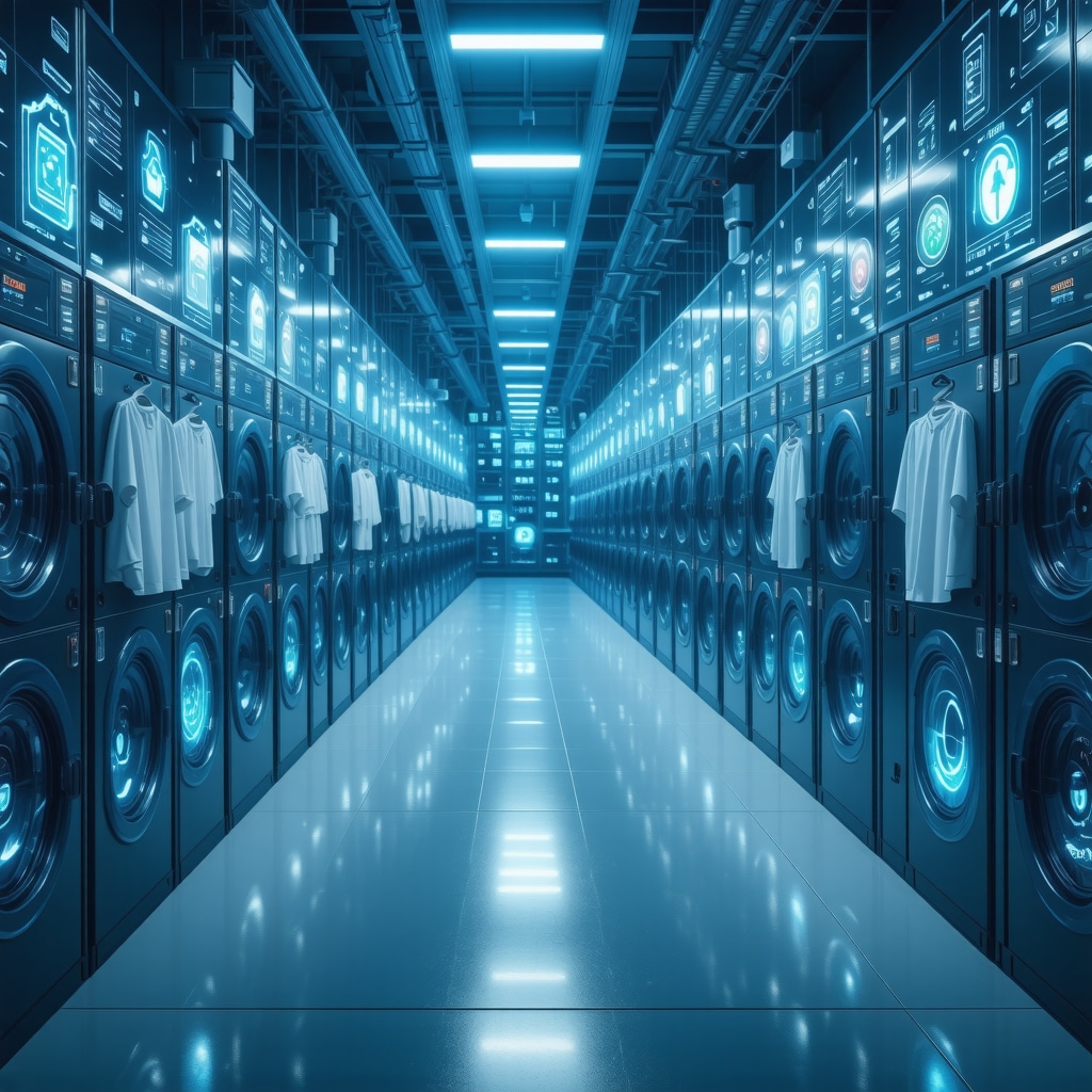 Advanced laundry facility using AI technology and sustainable practices with robotic sorting and eco-friendly indicators