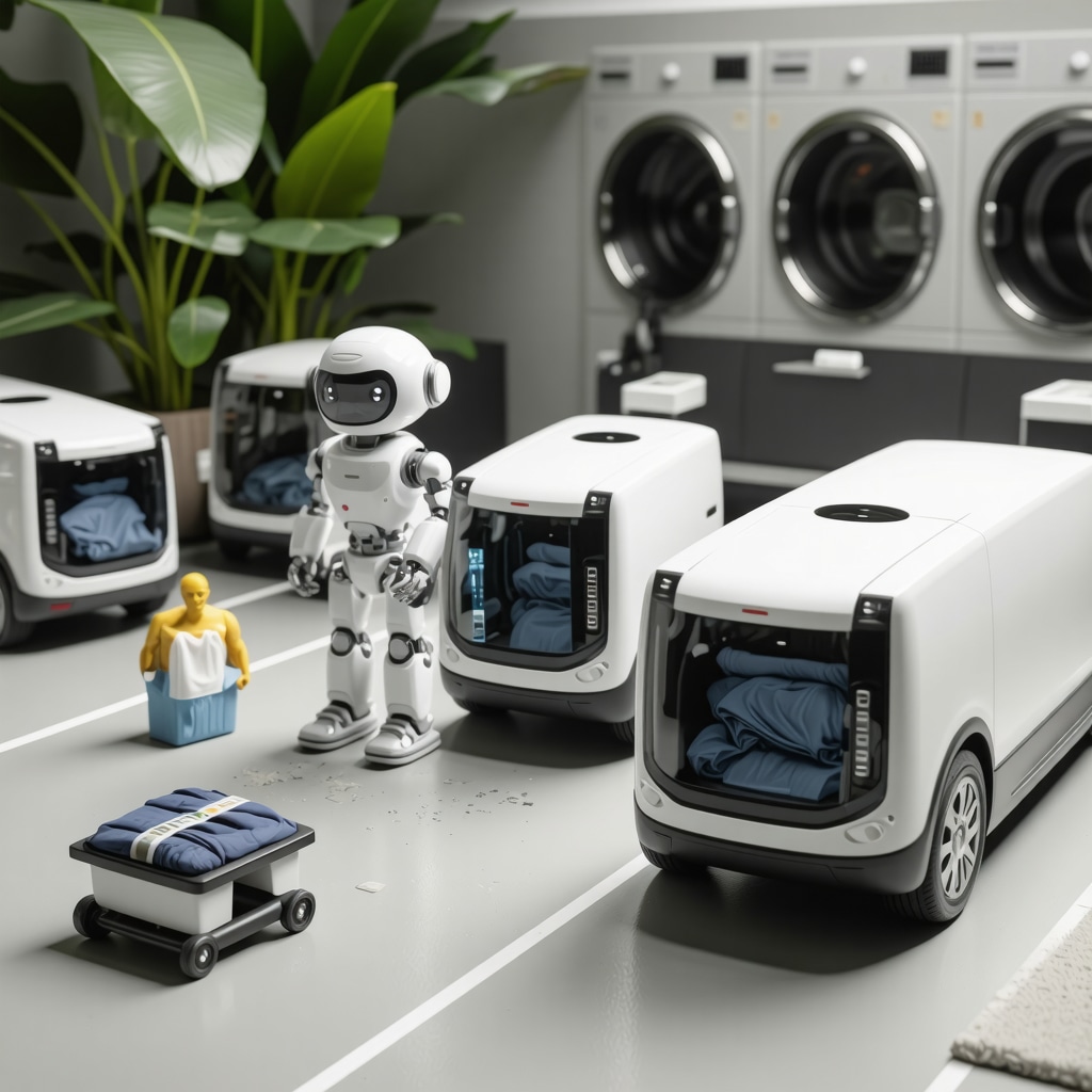 AI-powered robots sorting laundry with electric vans on eco-friendly routes and smart home devices scheduling pickups