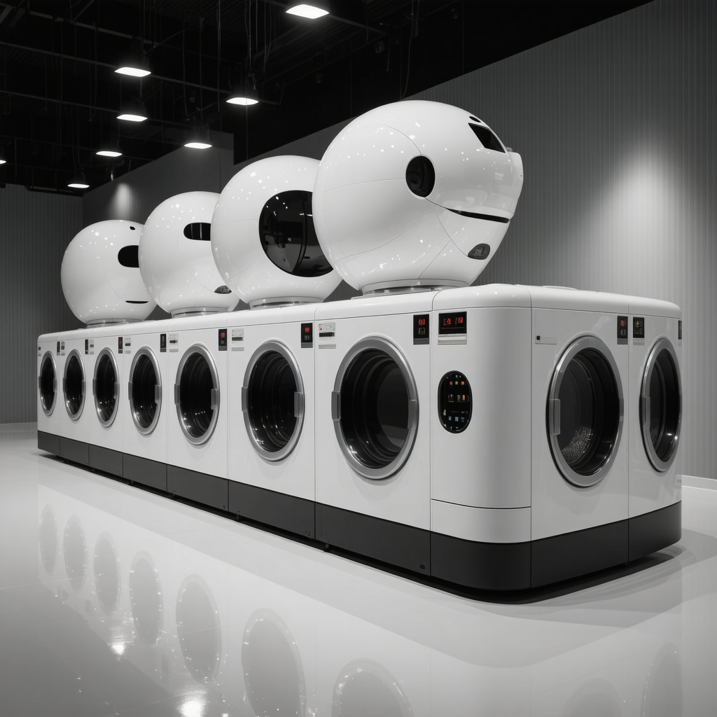 AI robotic sorting machines and blockchain hygiene tracking interfaces in a sustainable laundry facility