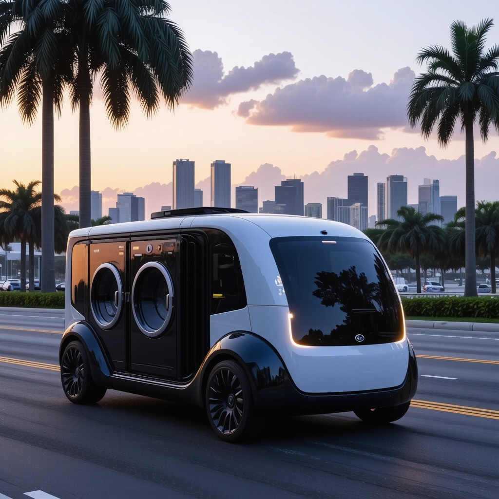 AI-powered laundry delivery van with blockchain and sensor technology in Tampa cityscape