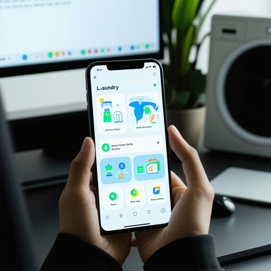 Smartphone screen showing AI fabric care analytics, blockchain icons, and eco-friendly route optimization maps in laundry pickup service app