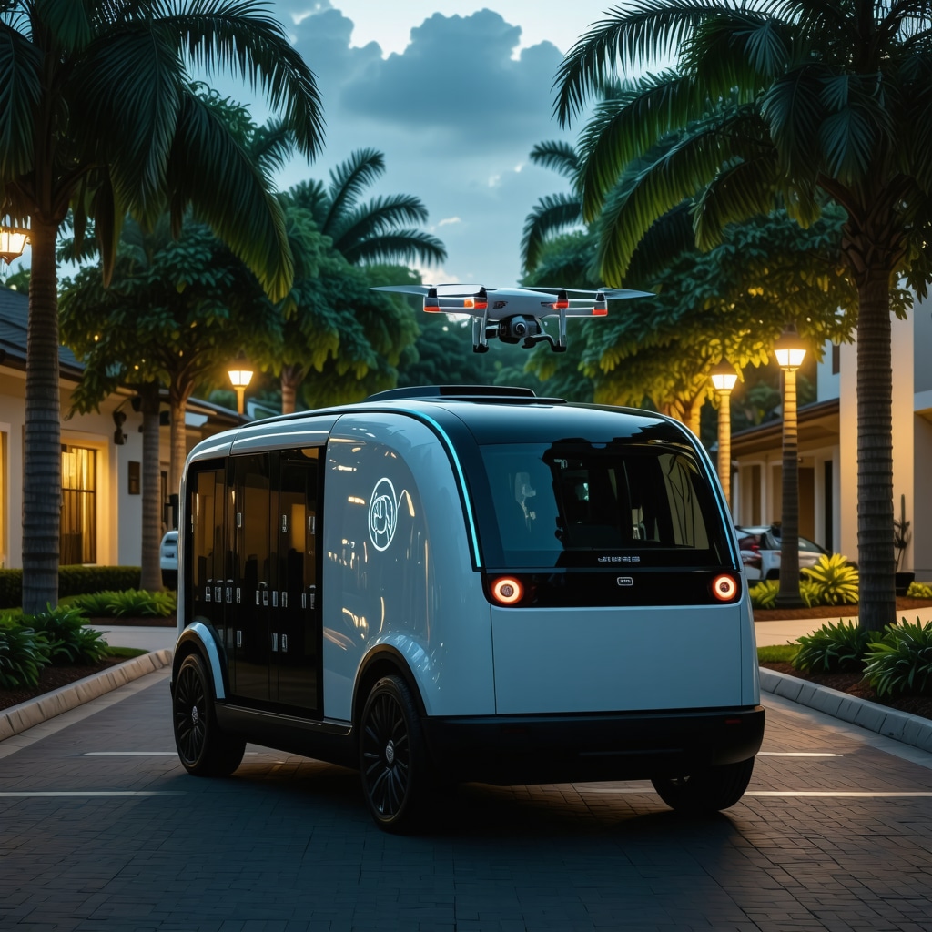 Autonomous delivery van and drone with biometric lockers and IoT sensors for after-hours laundry pickup in Tampa