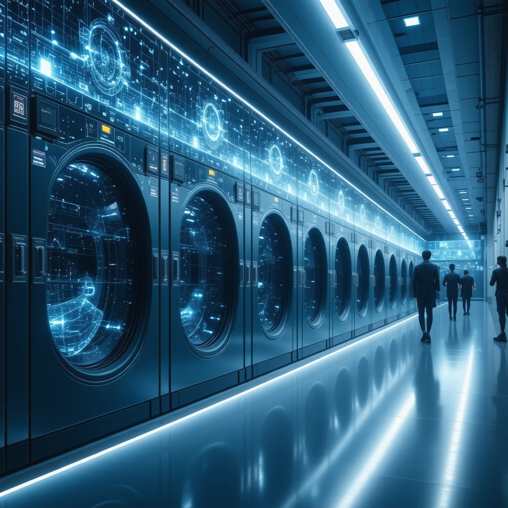 High-tech commercial laundry facility showing AI fabric diagnostics and blockchain data holograms