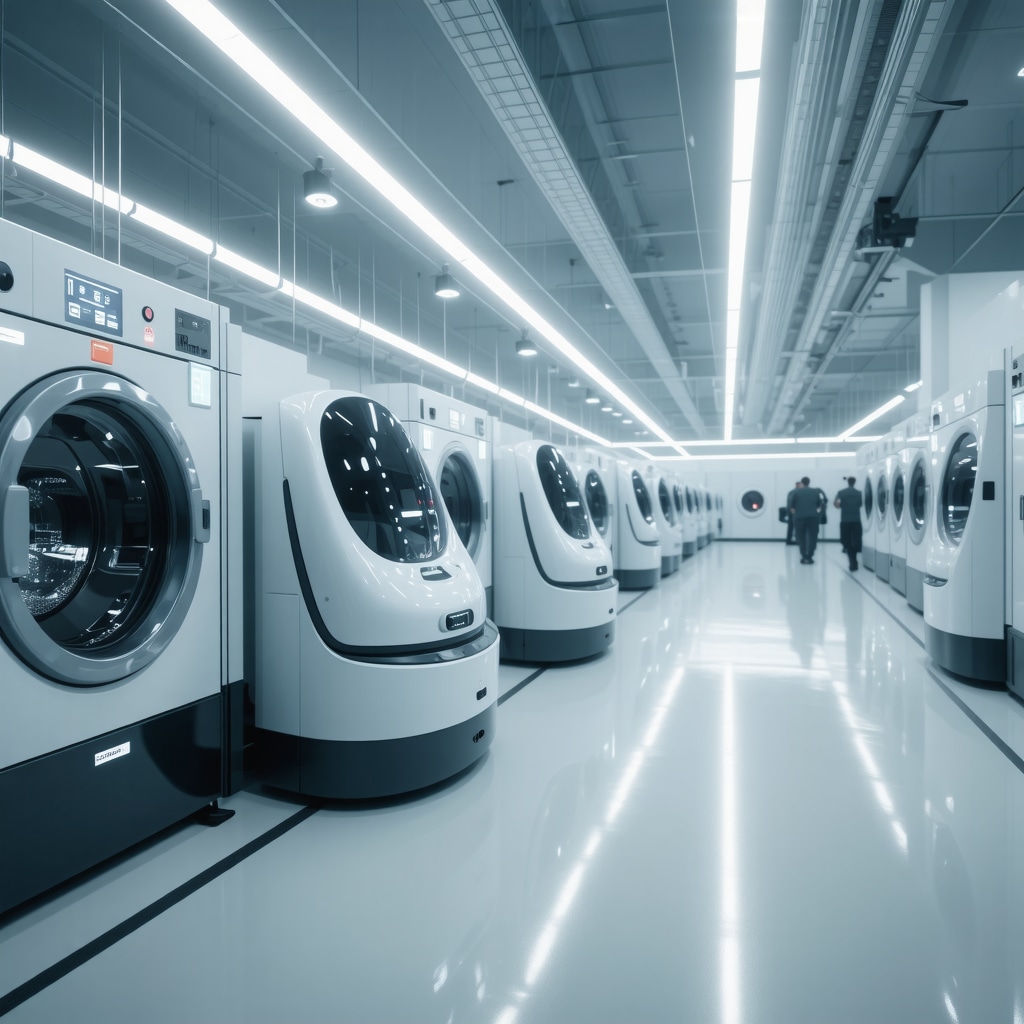 AI-powered robots sorting laundry with autonomous pickup vehicles and real-time data dashboards