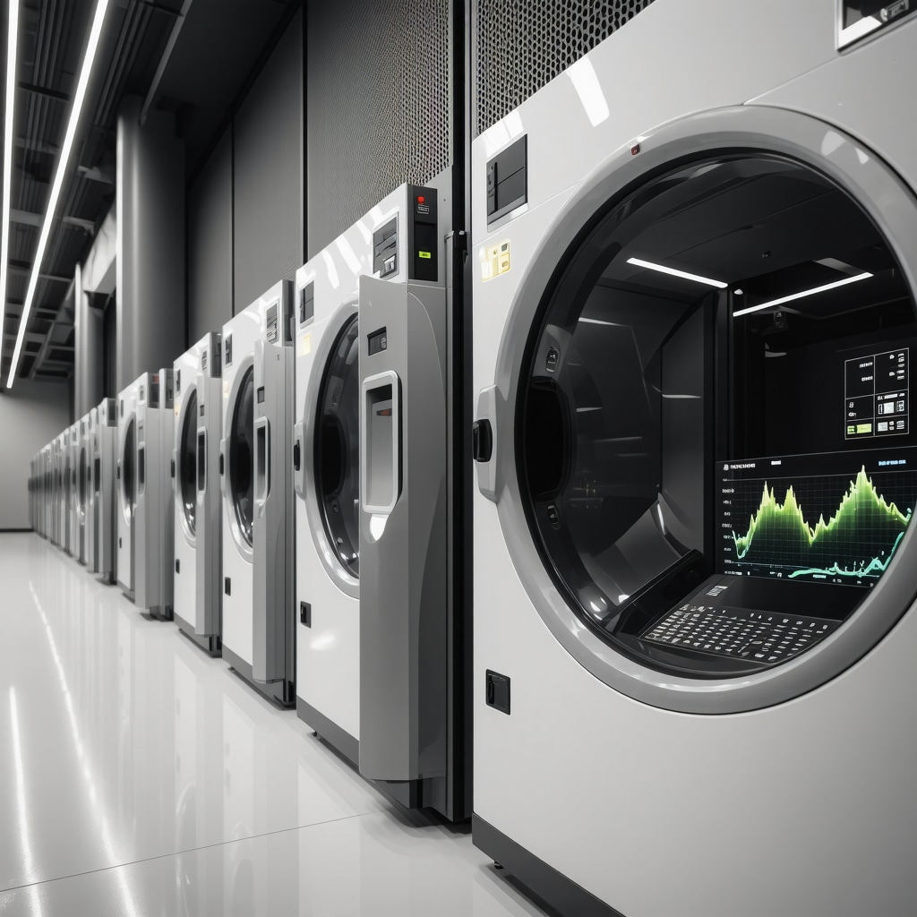 Smart commercial laundry facility in Tampa with IoT sensors and predictive analytics displays