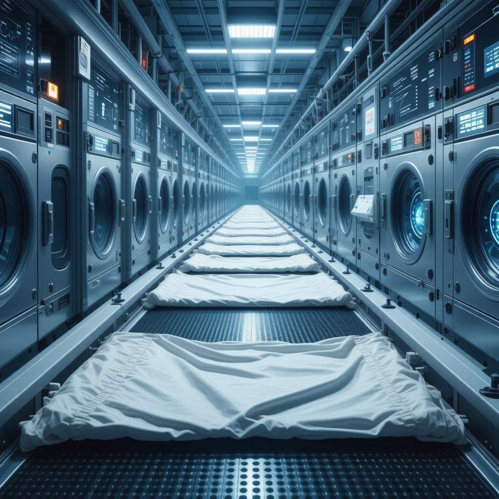 Commercial laundry facility with RFID-tagged linens and AI analytics dashboards