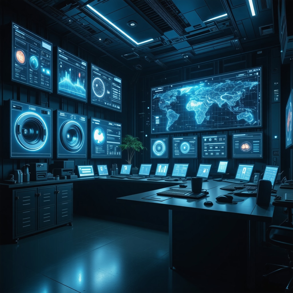 Control room dashboard with AI analytics, blockchain visuals, and IoT data streams for laundry pickup scheduling