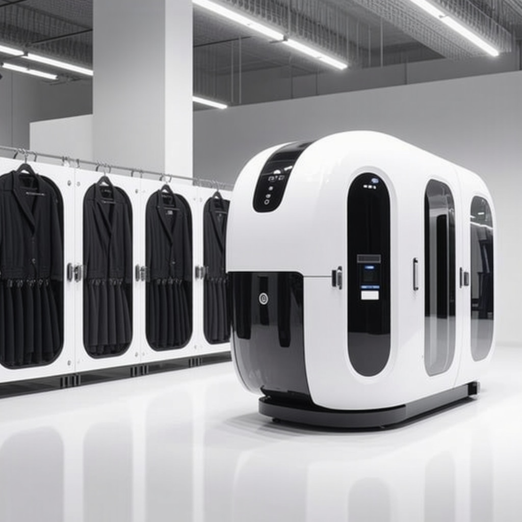AI-powered dry cleaning robots and IoT sensors ensuring garment care and eco-friendly solvent recycling