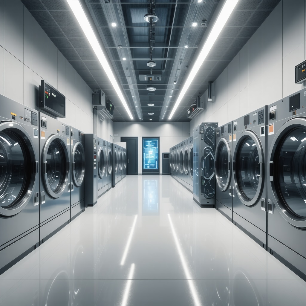 Modern laundry service facility featuring AI technology, blockchain transparency, solar panels, and sustainable water recycling