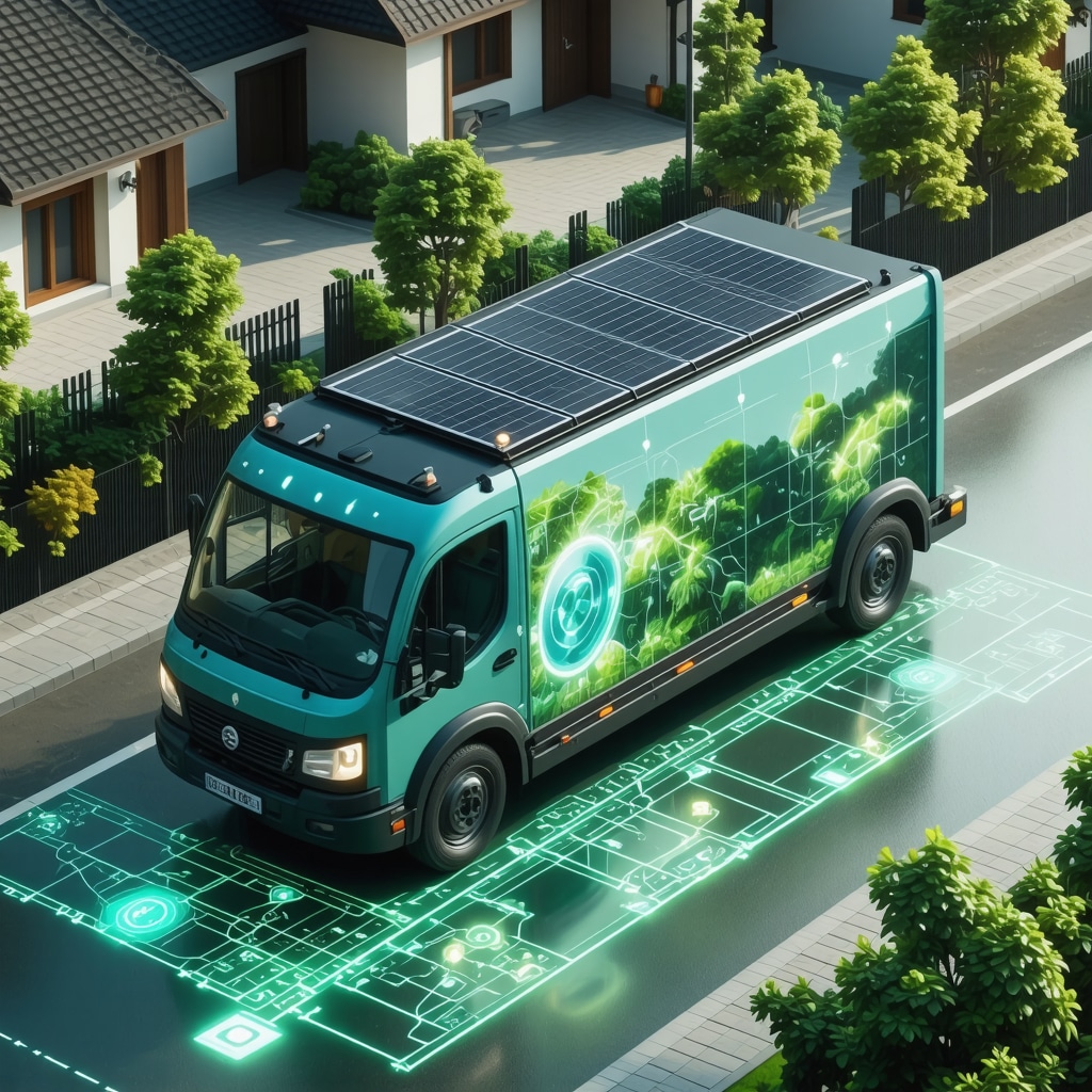 Eco-friendly laundry van with solar panels and AI route optimization map in urban green setting