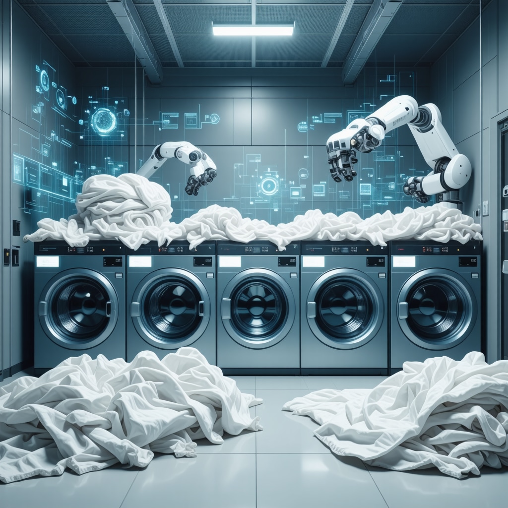 High-tech laundry facility with blockchain data overlays and nanotechnology fabric care