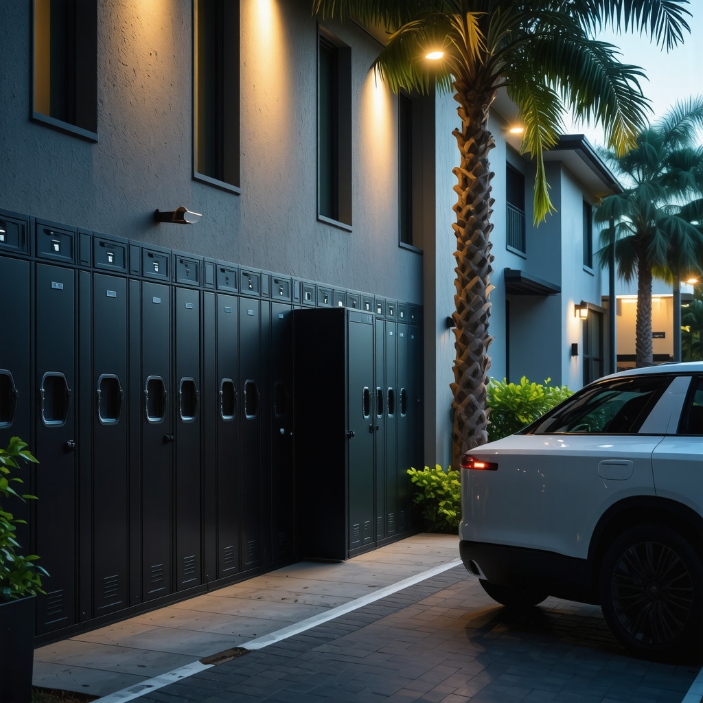 IoT smart lockers and solar-powered laundry pickup vehicle in Tampa at night