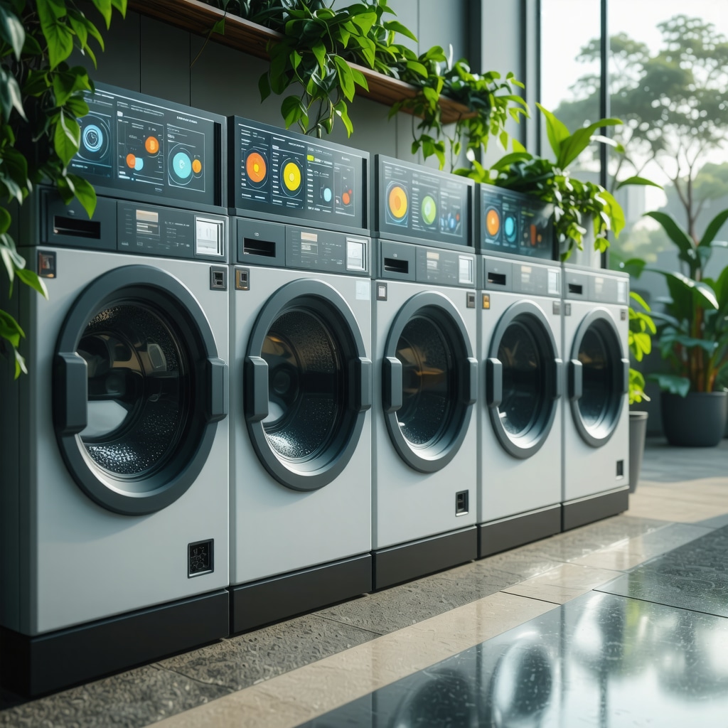 Illustration of smart laundry bins connected to blockchain and AI dashboards displaying real-time data and sustainability metrics in urban setting