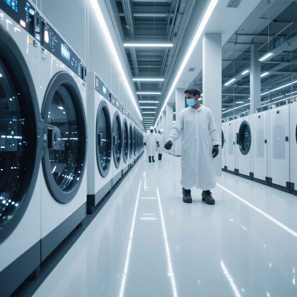 Futuristic laundry facility showcasing AI analysis, blockchain transparency, and ozone cleaning technologies