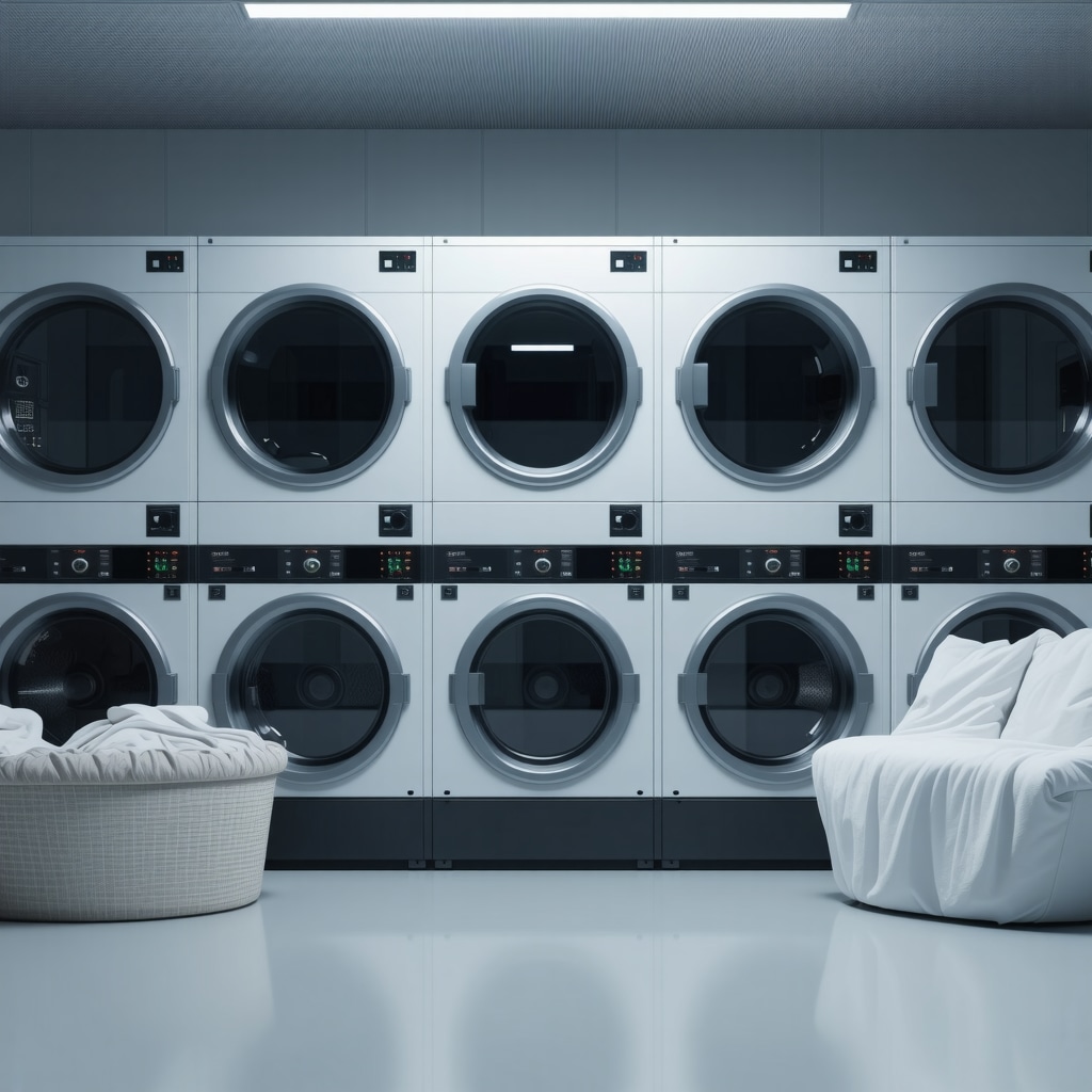 High-tech laundry facility showcasing AI, blockchain, and IoT integration for advanced wash dry fold services