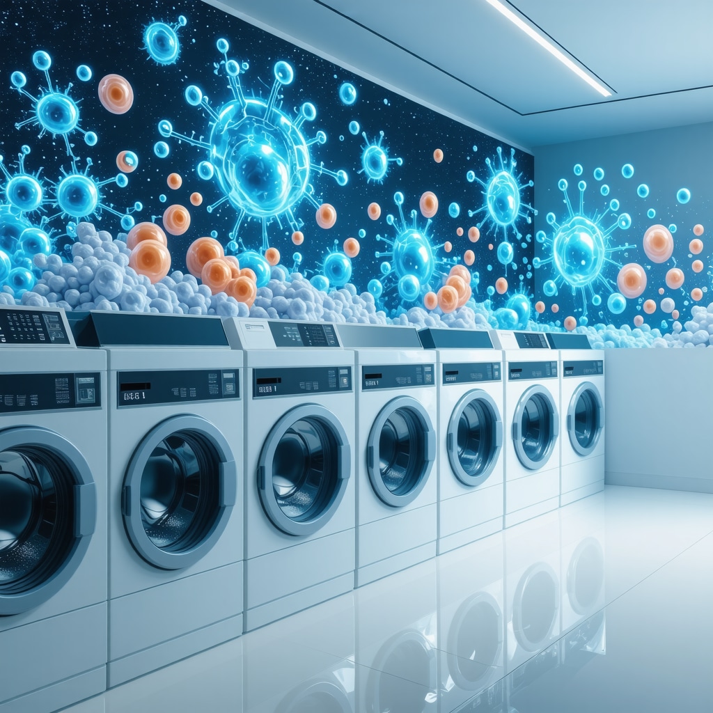 High-tech laundry setup with AR visualization of hypoallergenic detergent molecular structures and skin benefits