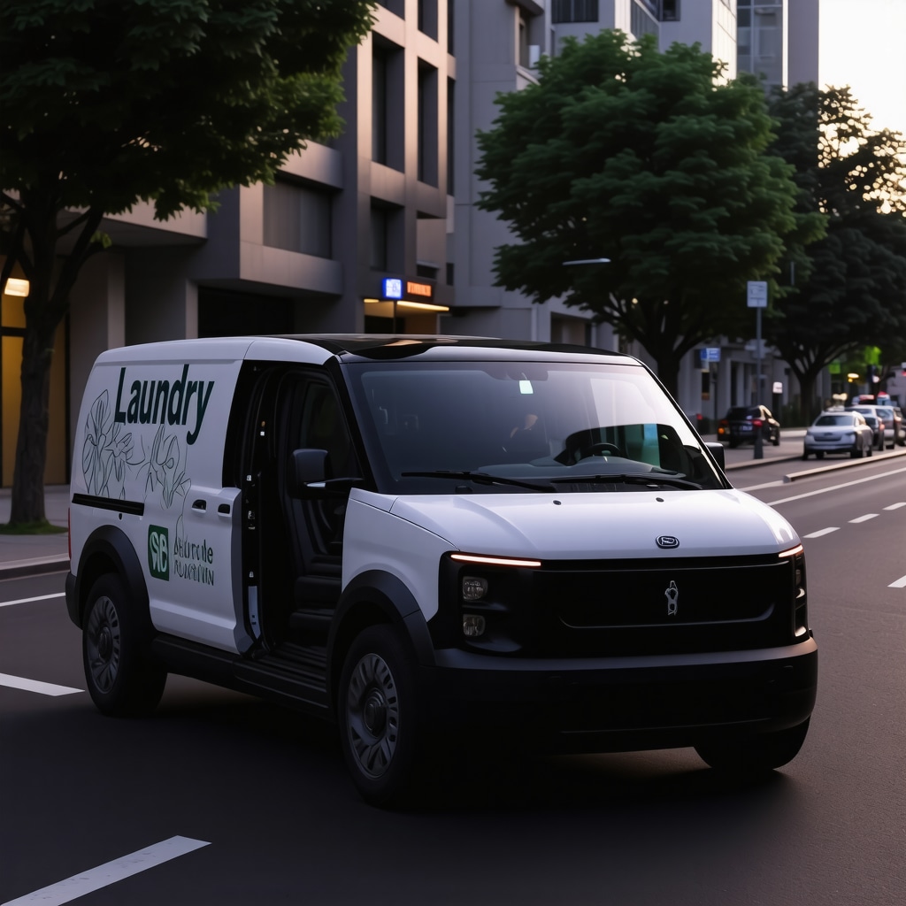 Laundry pickup van with GPS and eco-friendly branding driving in cityscape