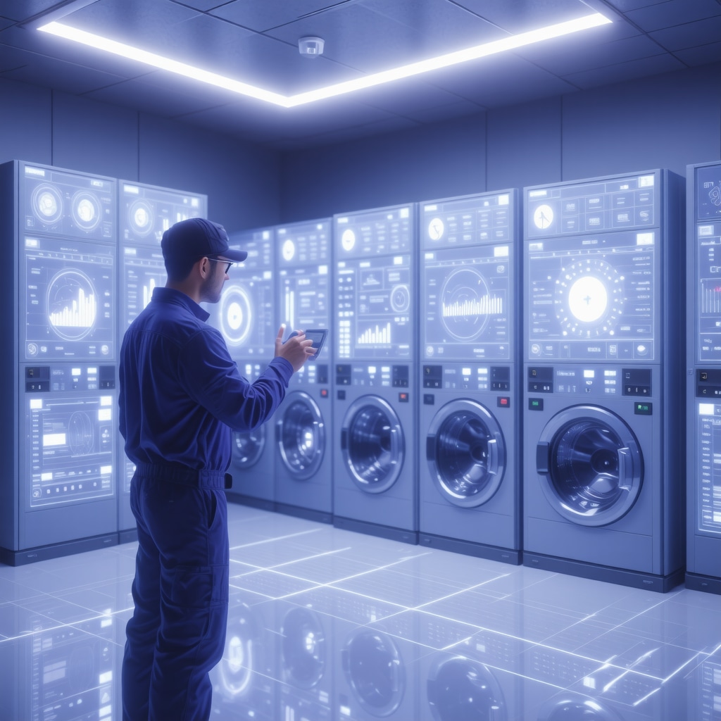 Technician monitoring AI analytics and blockchain transaction ledgers in a futuristic laundry service control center