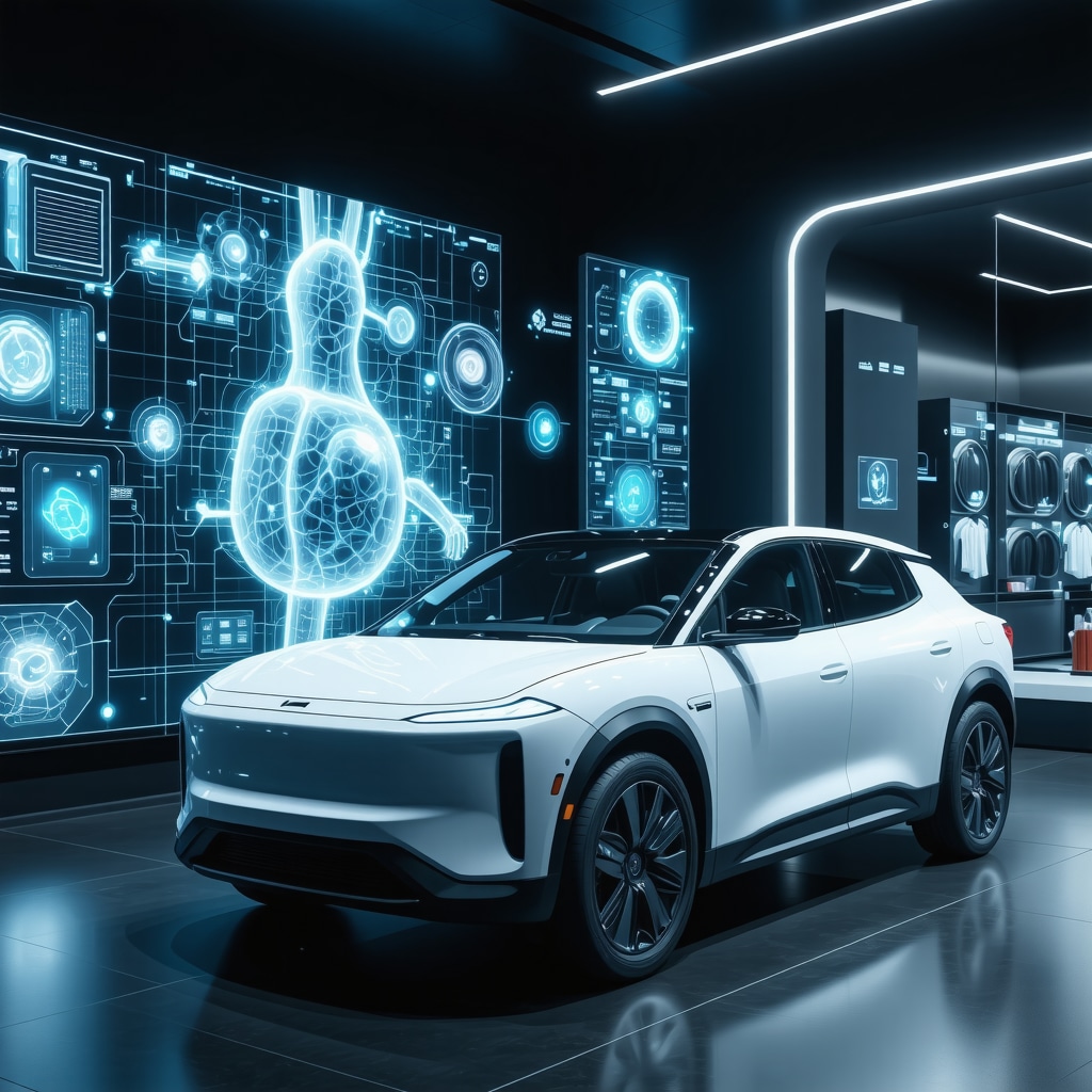Autonomous electric vehicles and holographic interfaces representing advanced residential laundry pickup technologies