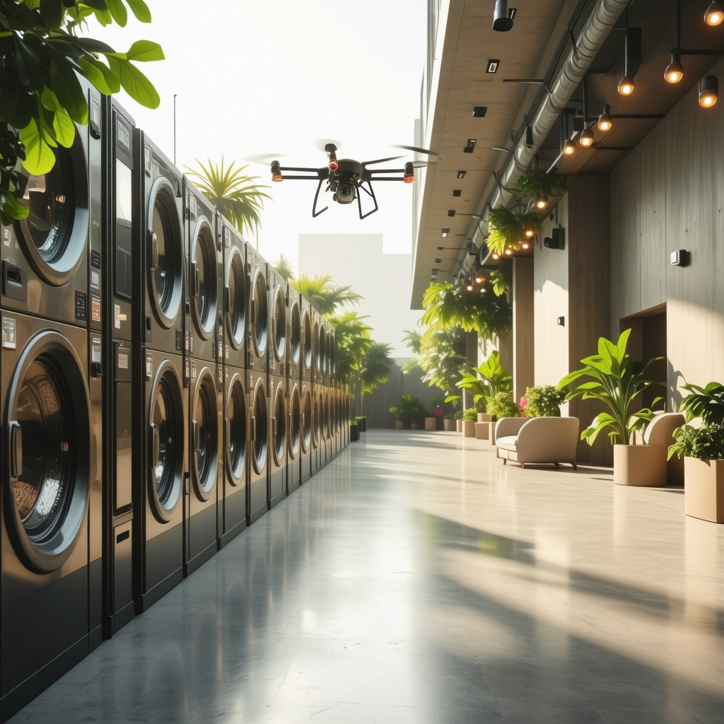 Modern smart laundry facility in Tampa utilizing AI technology and delivery drones for same day service