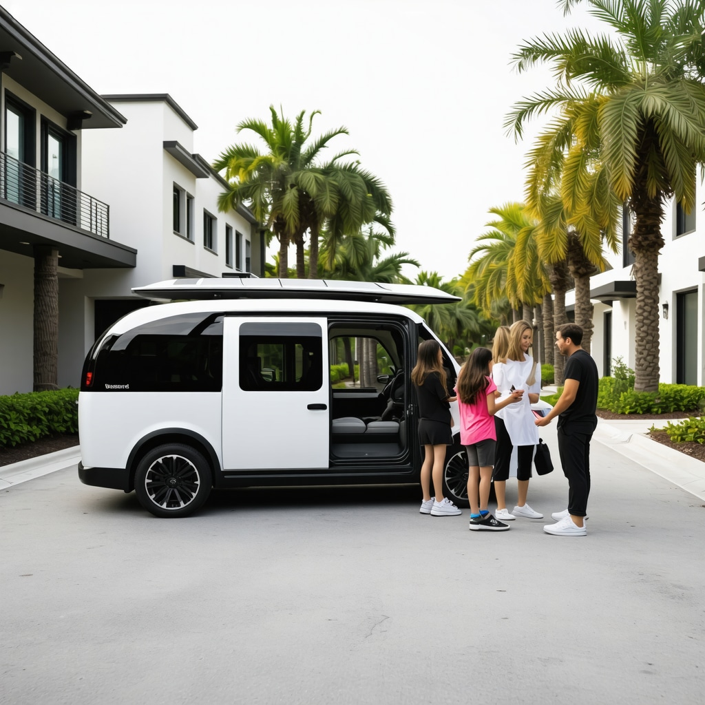 Solar-powered laundry pickup van with AI navigation in Westchase neighborhood, family using mobile app