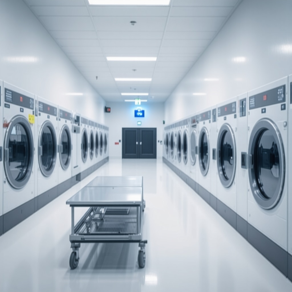 Hospital laundry room showing AI control panels, IoT sensor-equipped linen carts, ozone and UV-C sterilization units in a high-tech setting