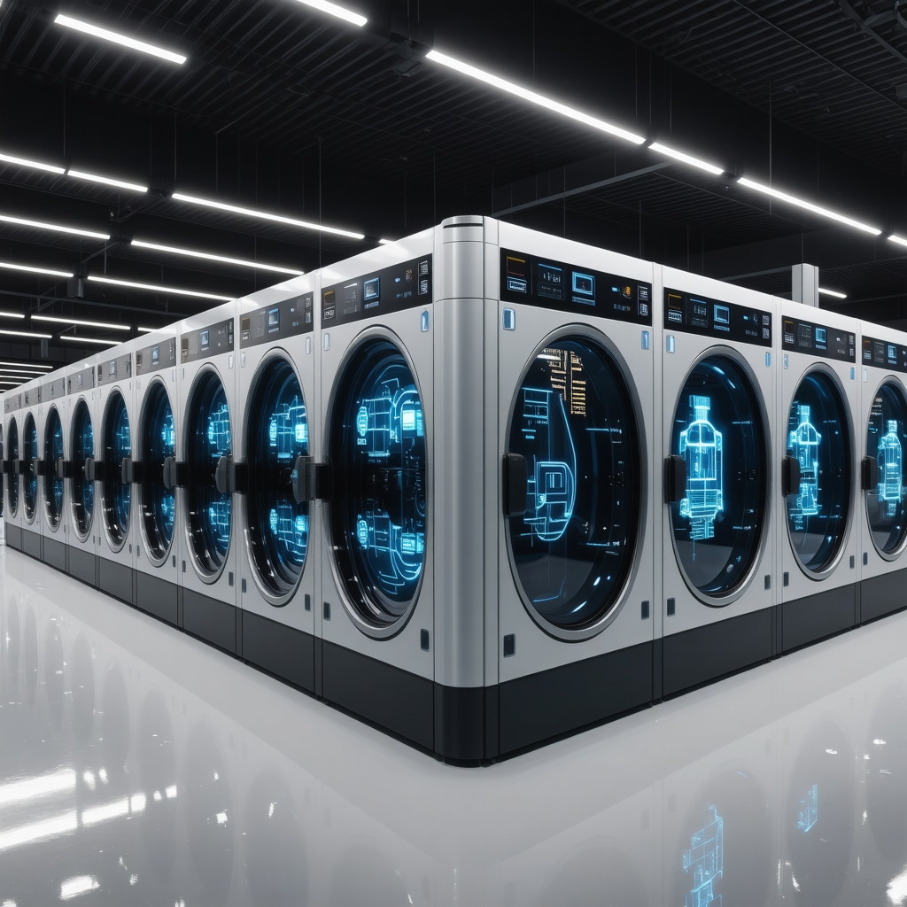 Modern laundry facility in Tampa featuring AI automation, solar panels, and blockchain-based garment tracking