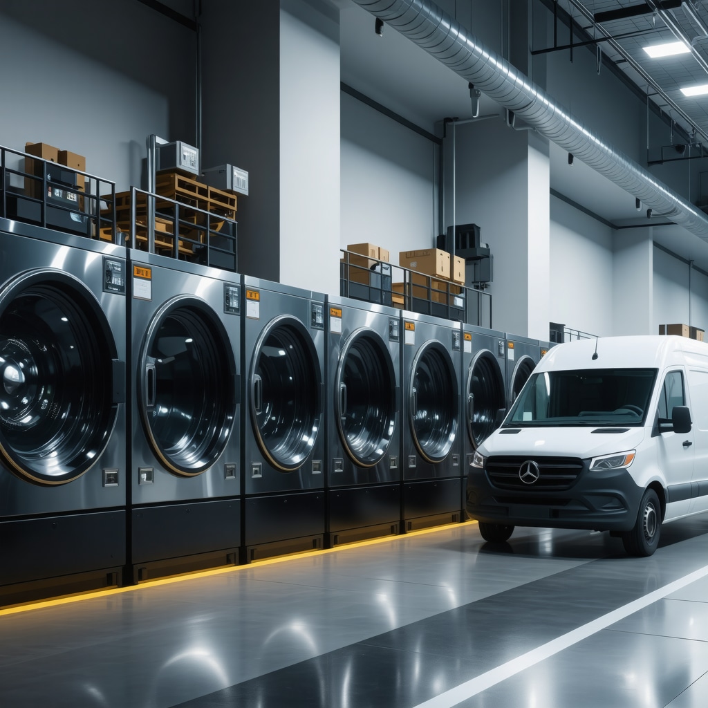 Advanced laundry facility in Tampa with AI sorting machines and IoT washers, smart delivery van departing